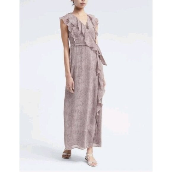 Banana Republic Sz 4 Snake Print Ruffle Wrap Event Party Lightweight Maxi Dress - Picture 1 of 10
